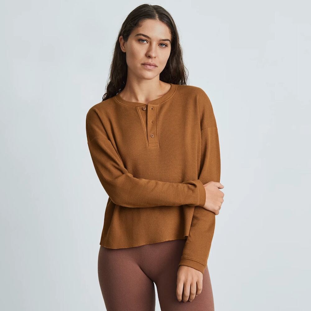 Everlane The Organic Cotton Waffle Henley in Brown/Tan Size XXS NWT